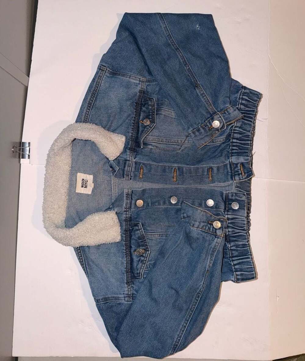 Madden NYC Cropped Denim Jacket with Faux Fur Collar